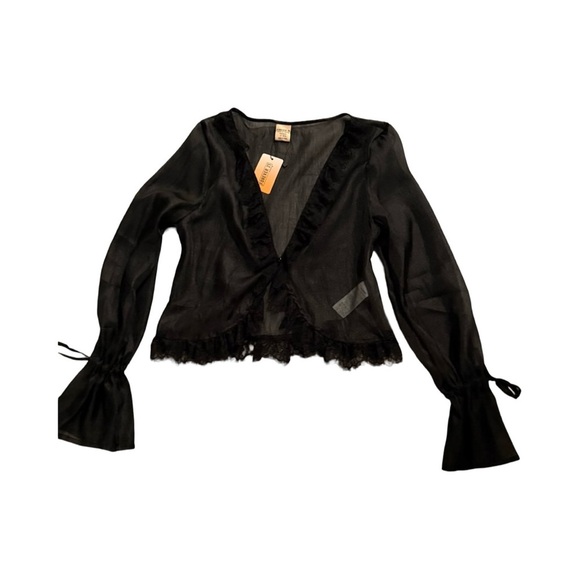 Black Sheer Black Ruffle Boho Blouse Long Sleeve M. - Picture 4 of 10